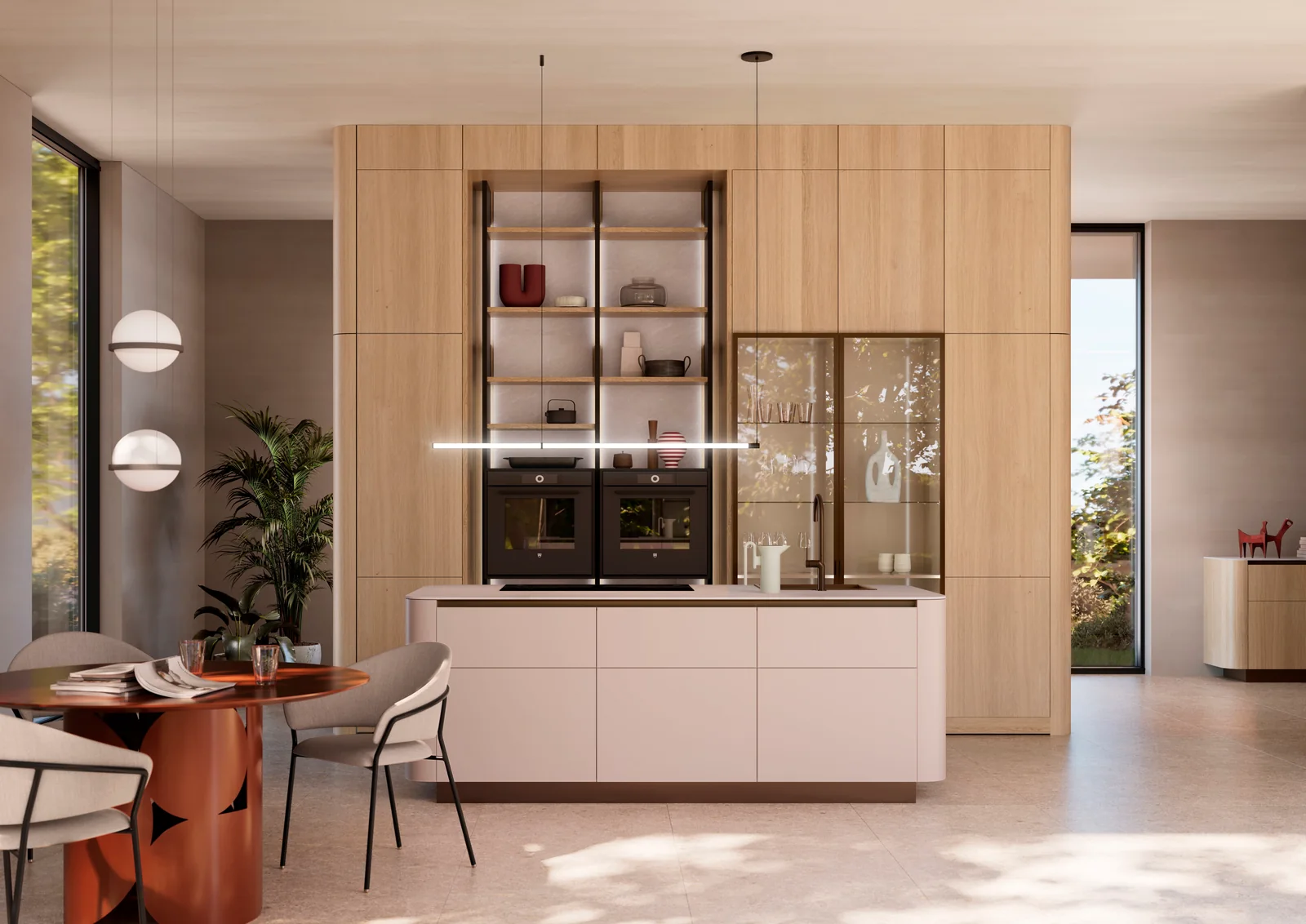 Küche mit Holz-Hochschrankwand, Glasvitrine und Insel von LEICHT – Beispiel für die Premium Line